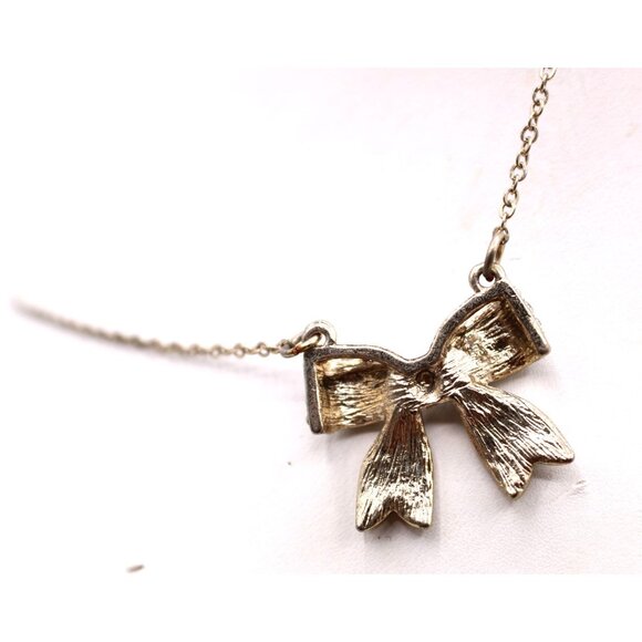 Rhinestone Sparkling Bow Pendant Necklace Gold Tone Vintage Delicate 18" - Picture 8 of 12